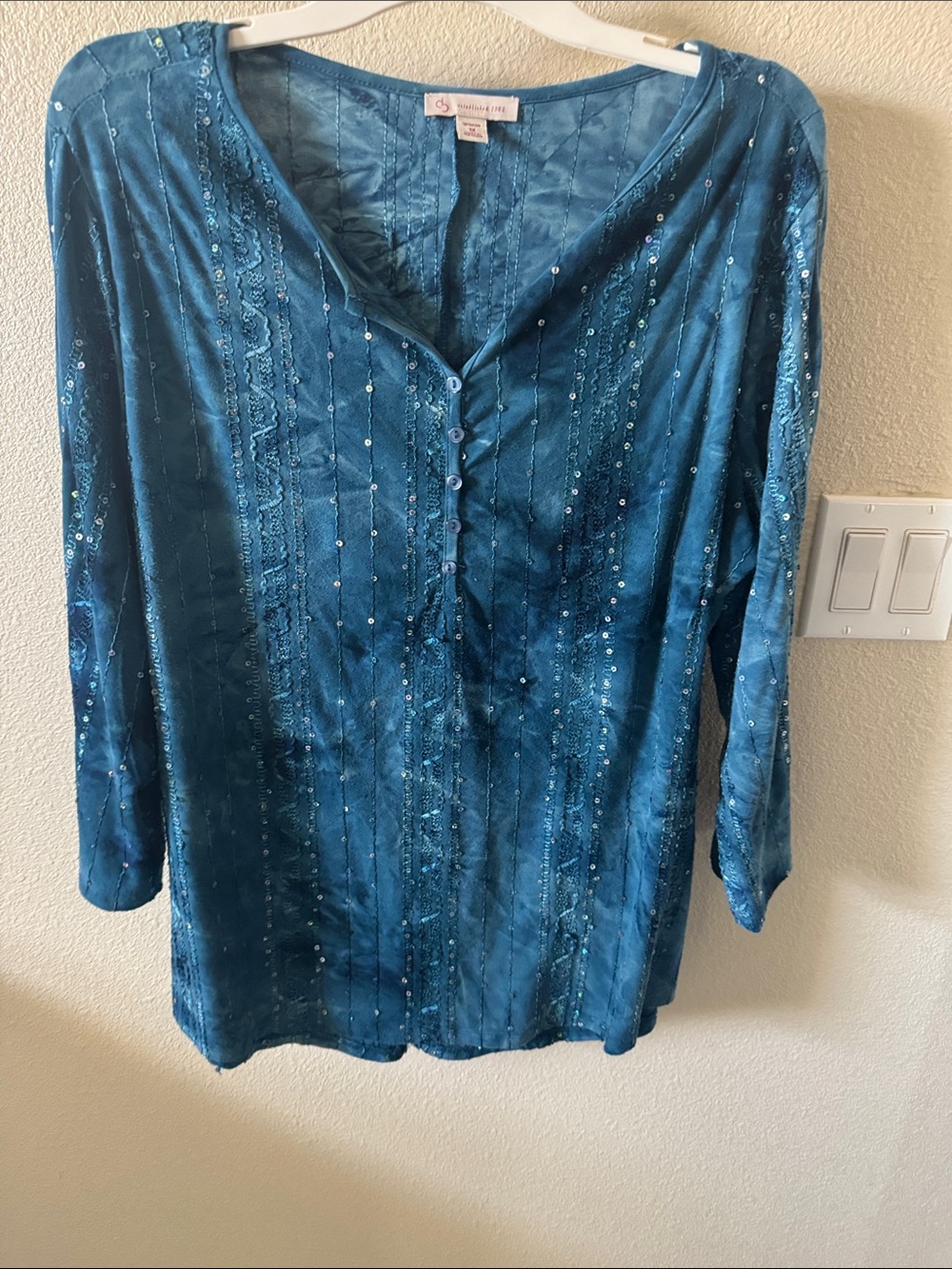 Coldwater Creek Teal Sequin Pintuck V-Neck Tunic